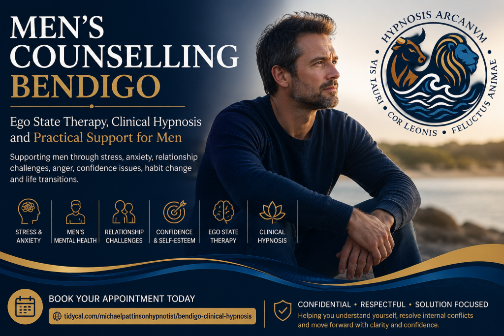 Man receiving support through Men's Counselling Bendigo using Ego State Therapy and Clinical Hypnosis for anxiety, stress, confidence, relationships and life challenges.