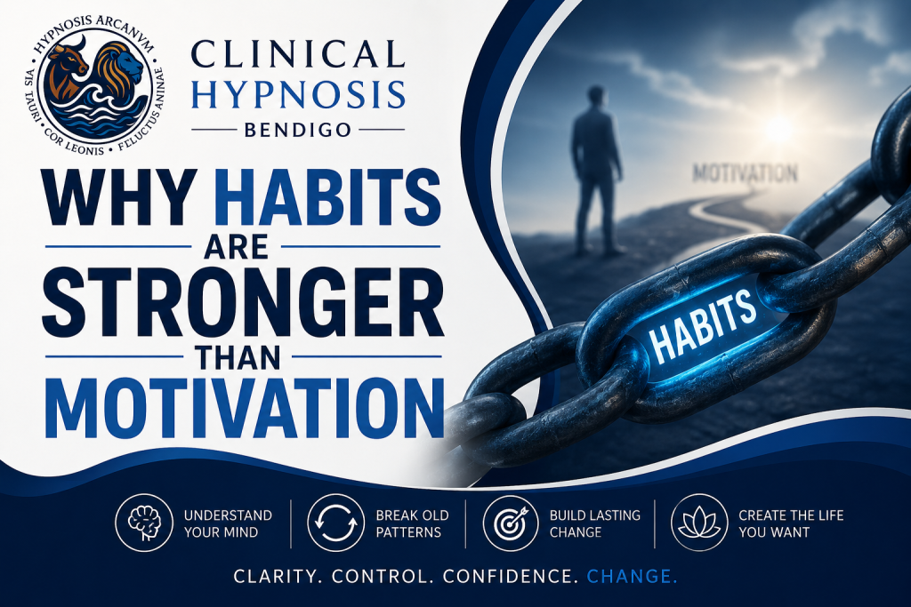 Clinical Hypnosis Bendigo article graphic titled "Why Habits Are Stronger Than Motivation" featuring chain links symbolising strong habits, blue and white branding, and Hypnosis Arcanvm logo.