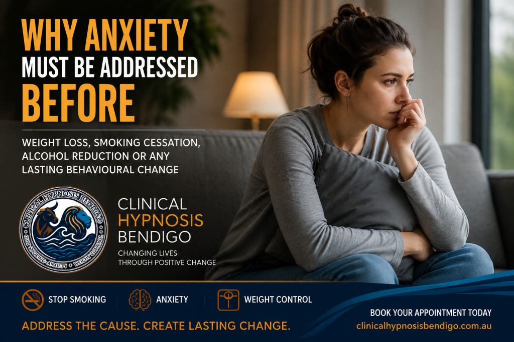 Woman experiencing anxiety while reflecting on stress and behavioural change. Clinical Hypnosis Bendigo article discussing why anxiety should be addressed before weight loss, smoking cessation and alcohol reduction.