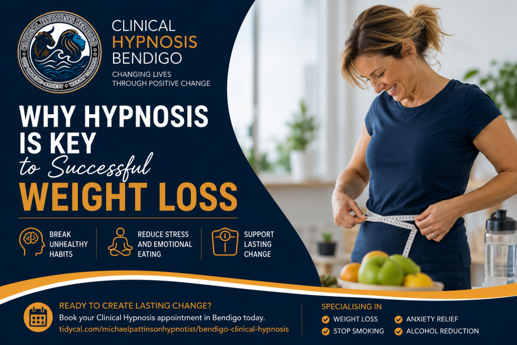 Clinical Hypnosis Bendigo weight loss hypnosis promotional image showing a woman measuring her waist while improving healthy habits, reducing emotional eating and creating lasting behavioural change.