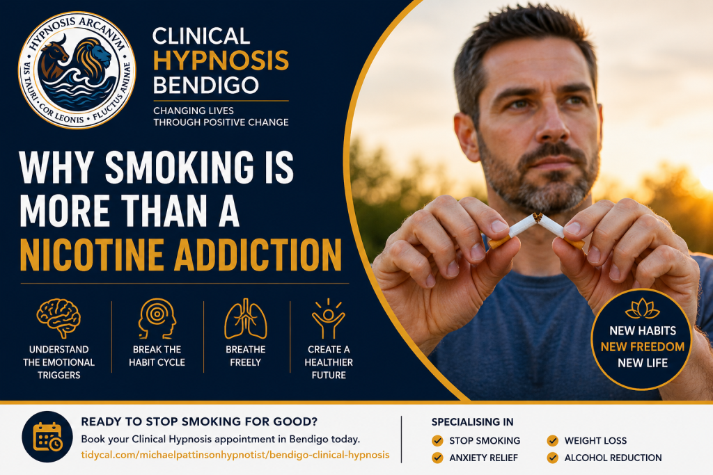 Man breaking a cigarette as a symbol of smoking cessation and behavioural change. Clinical Hypnosis Bendigo article explaining the emotional and psychological factors behind smoking addiction.