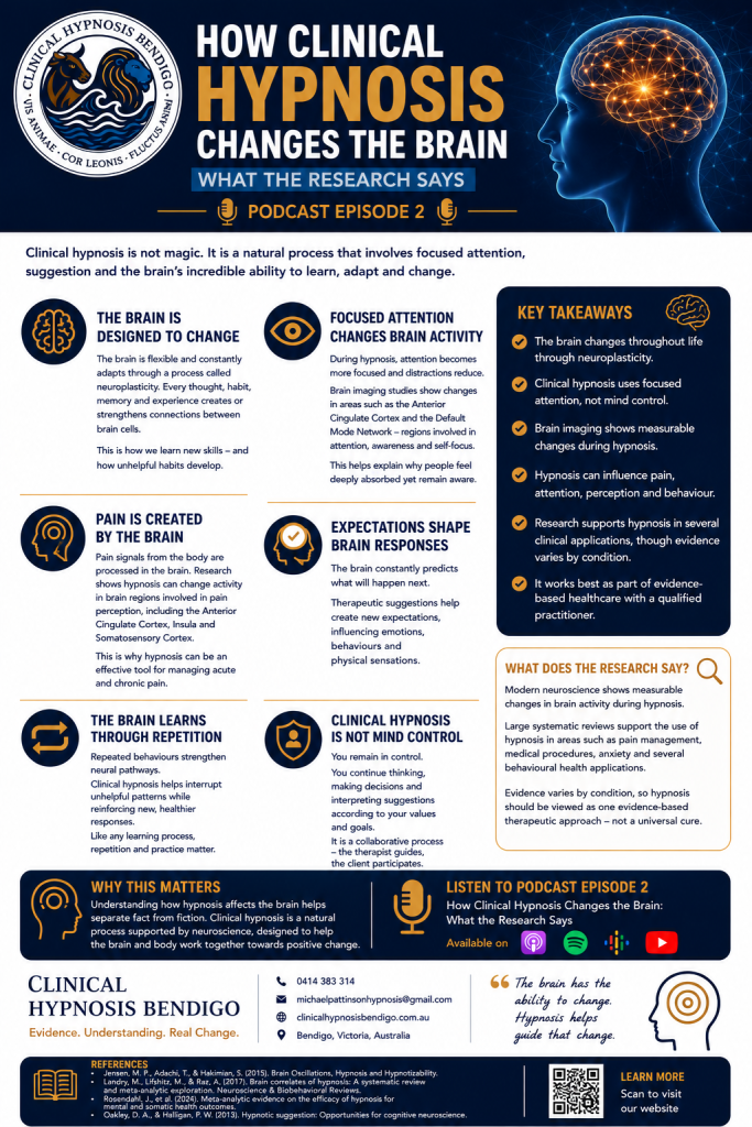 Clinical Hypnosis Bendigo infographic explaining how clinical hypnosis changes the brain through neuroplasticity, focused attention and evidence-based neuroscience. Illustration showing how clinical hypnosis changes brain activity, attention and perception based on modern neuroscience research.