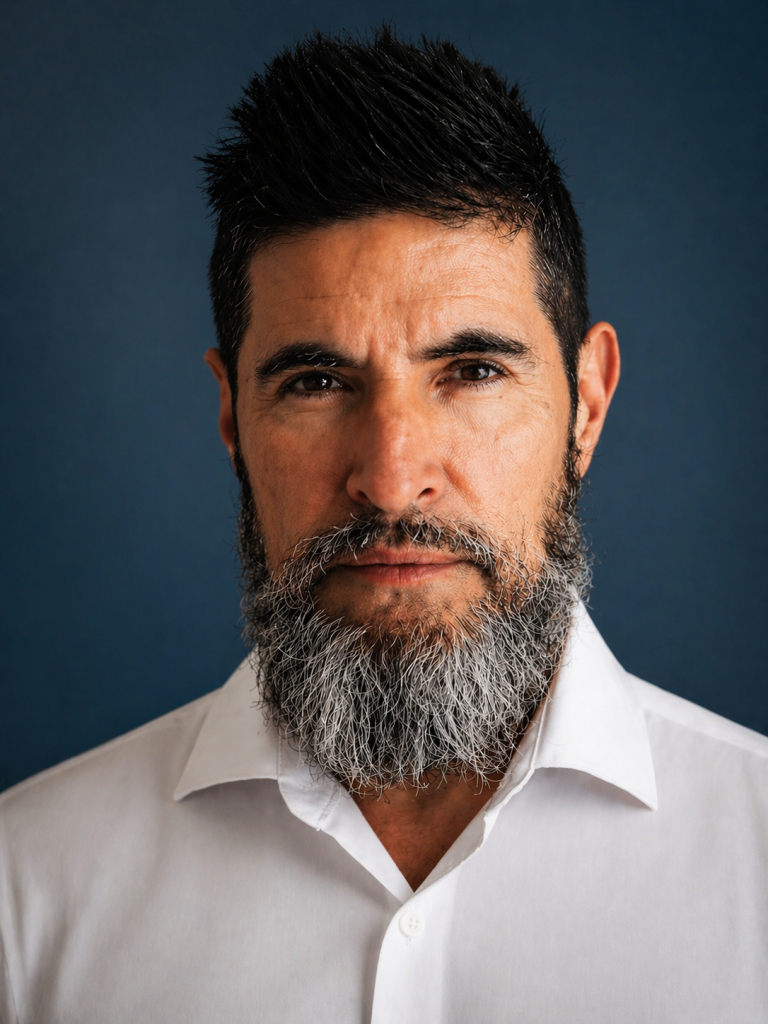 A high-quality head-and-shoulders portrait of Michael Pattinson against a dark blue studio background. He is wearing a crisp white collared shirt and looking directly into the camera with a calm, confident expression. His dark, neatly styled hair contrasts with his distinctive full salt-and-pepper beard, creating a professional and mature appearance. The lighting is soft and balanced, highlighting his facial features while maintaining a natural look. The clean composition and uncluttered background give the image a polished, trustworthy, and executive feel, making it well suited for business profiles, websites, speaking engagements, and marketing materials.